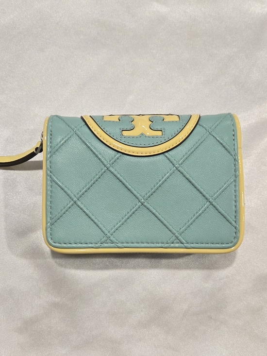 Tory Burch Handbags - Tory Burch Quilted Aqua Leather Wristlet with Yellow Trim EUC
